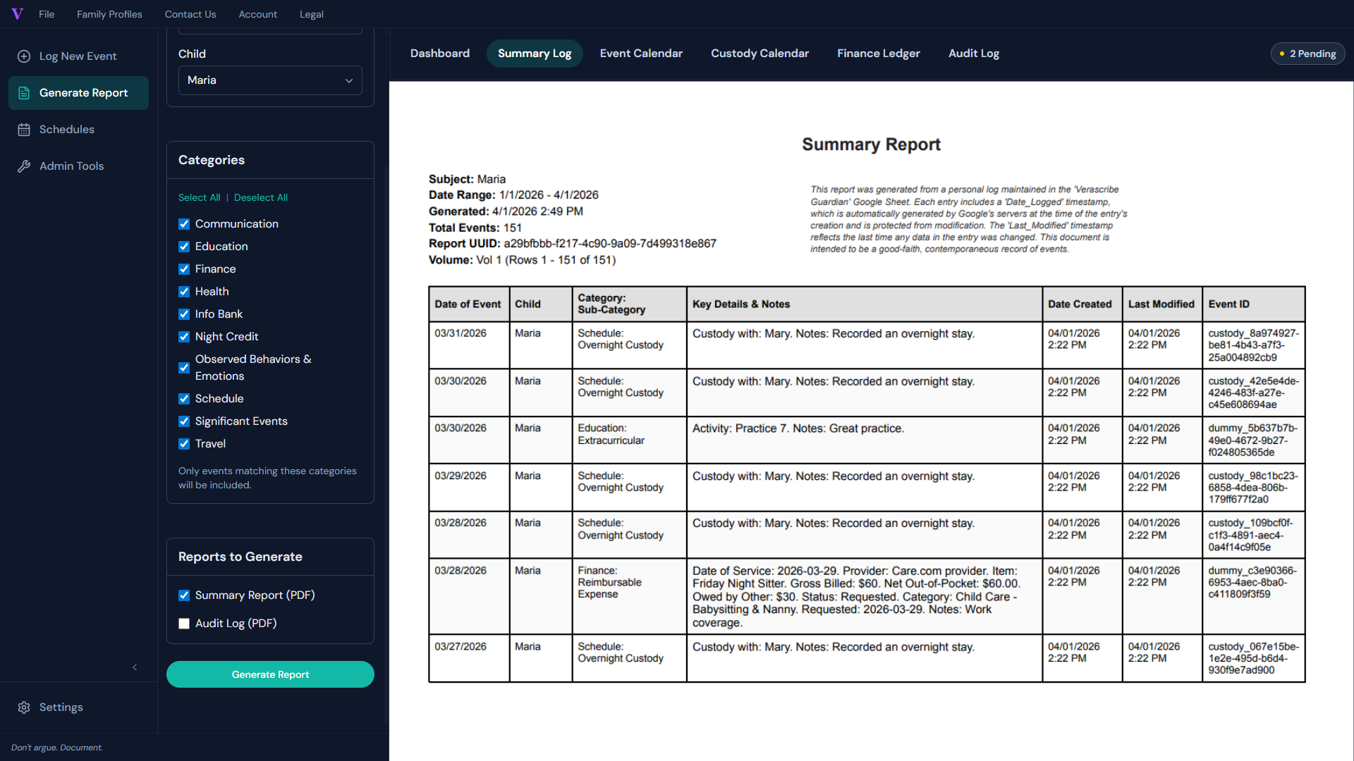 Generate report view
